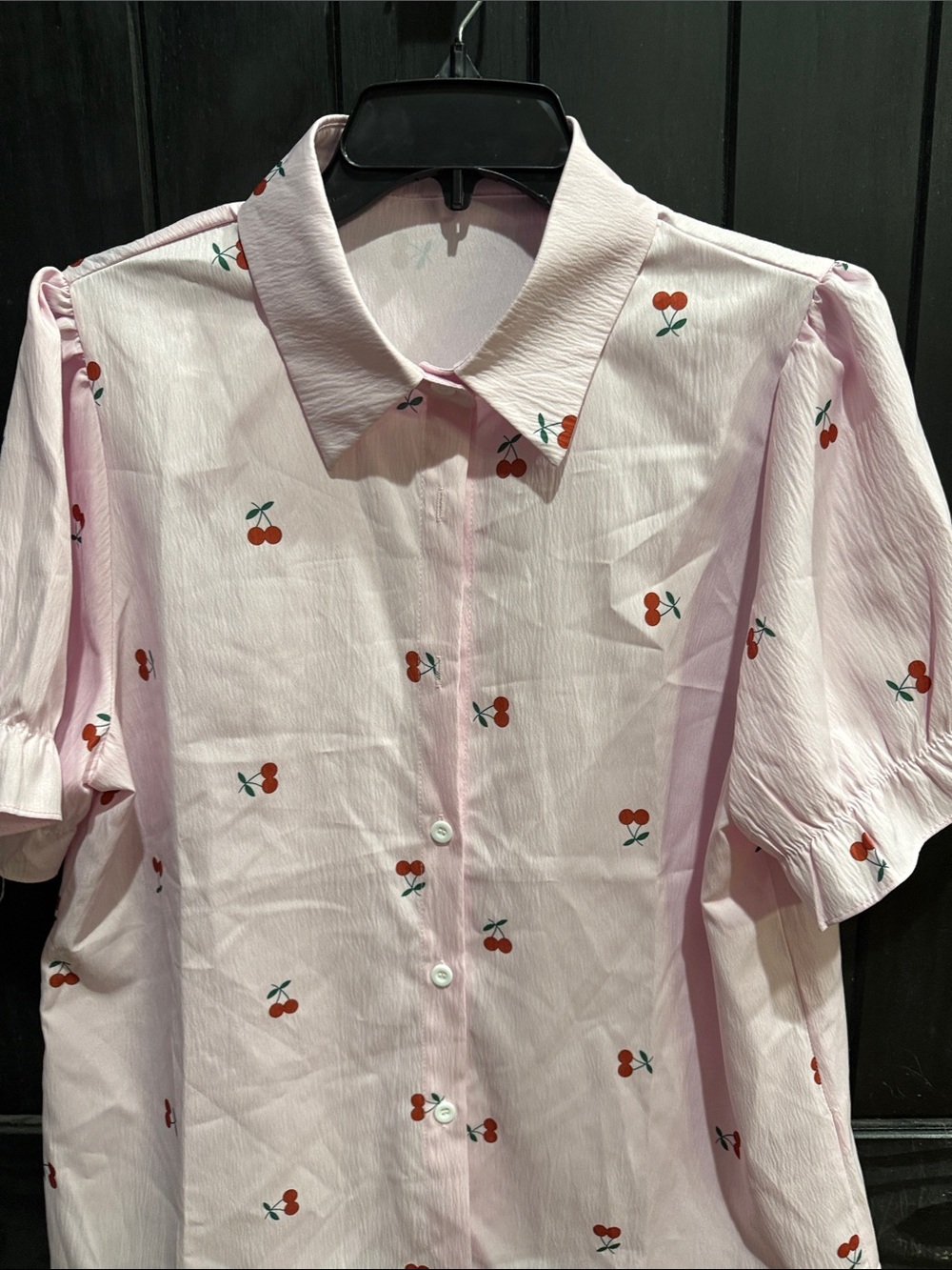 Pink Cherry Print Short Sleeve Blouse